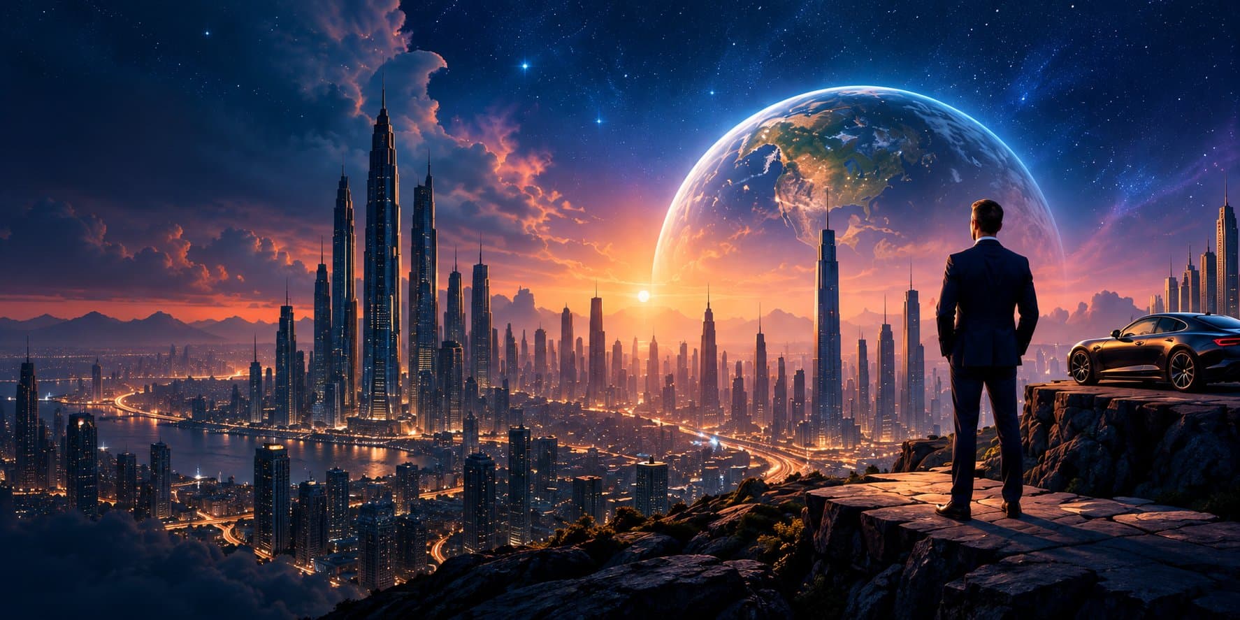 A businessperson looking out over a futuristic city skyline at dusk, with Earth visible in the sky above