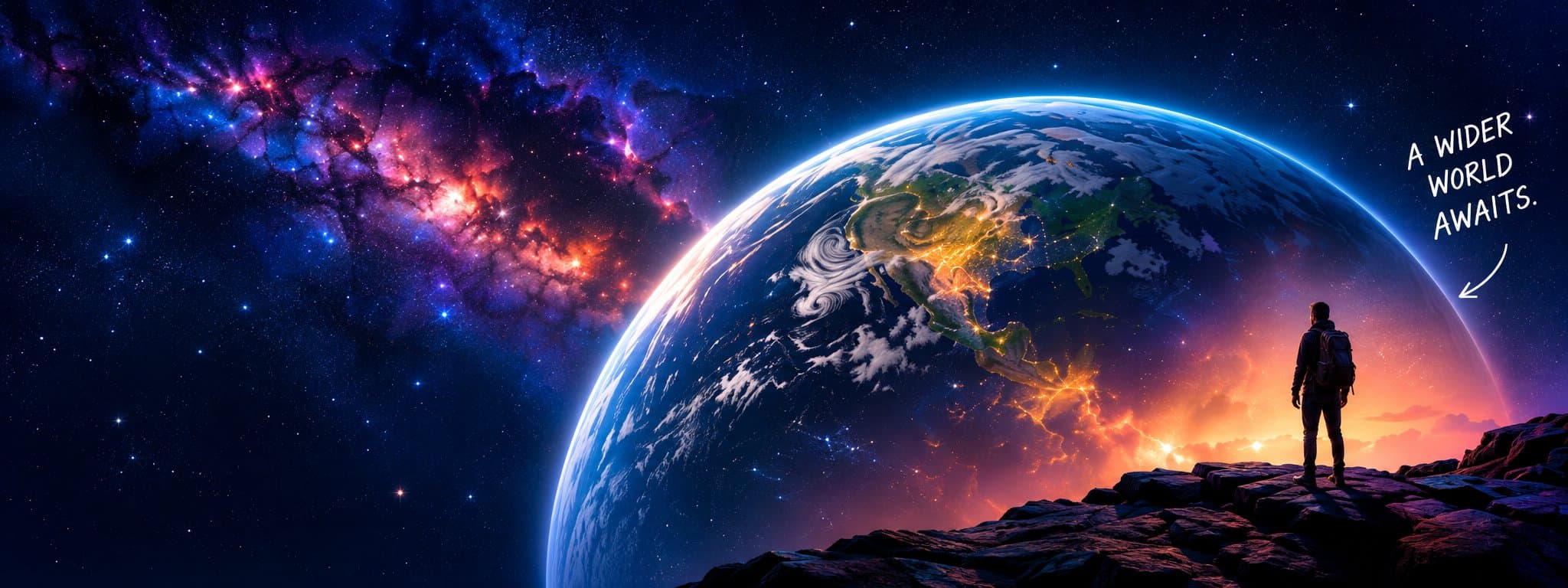 Earth seen from orbit with a figure looking on